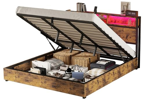 Azkoeesy Letto matrimoniale imbottito 180 x 200 cm con contenitore idraulico, con illuminazione LED, USB, ripiani, struttura e gambe in metallo, marrone vintage, per adolescenti e adulti