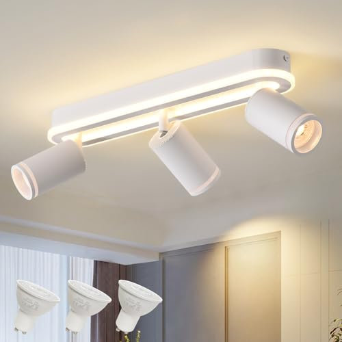 SANSHI Deckenleuchte 3 Flammig LED,Schwenkbar 350°Deckenstrahler,Deckenlampe mit unteres Glühen 27W+3x5W GU10 Spots,Modern Deckenspot Strahler 3000K Warmweiß,Spotlight Lampe für Wohnzimmer,Küche,Weiß