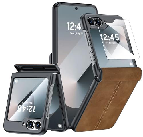 CENMASO for Samsung Galaxy Z Flip 6 Case, Z Flip 6 Case with Screen Protector & Hinge Protection, Ultra-Thin Shockproof Leather Phone Case for Z flip 6 5G (Brown)