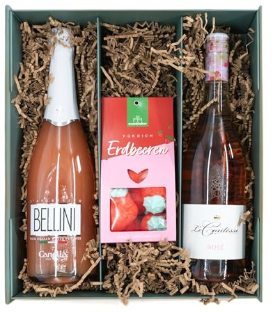 Weinbox Ladies Night mit süßen Erdbeer-Marshmallows - Premium Geschenkset mit Bellini & Rosé Frizzante, Perfekt für Weinliebhaber und Mädels-Abende