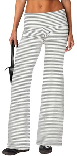 AJMDGW Women Fold Over Waistband Stretchy Yoga Pants Flared Pants Leggings Bell Bottoms(Z172787-grey Striped,M)