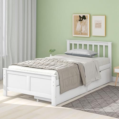 TIZZ Cama juvenil de madera, cama individual, para adultos, con cajones, marco de madera de pino, blanco (90 x 200 cm)