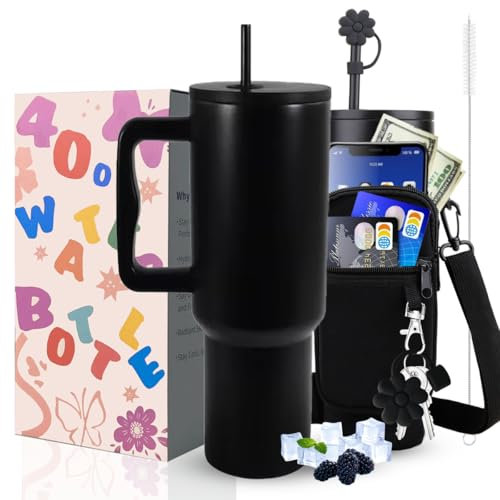 Sanilinwild 40 oz Tumbler with Handle and Straw Water Bottle Holder with Phone Pocket-BPA-Free-Easy to Carry-Travel Coffee Mug - Dishwasher Safe-Women Men for Holiday (Midnight Black)