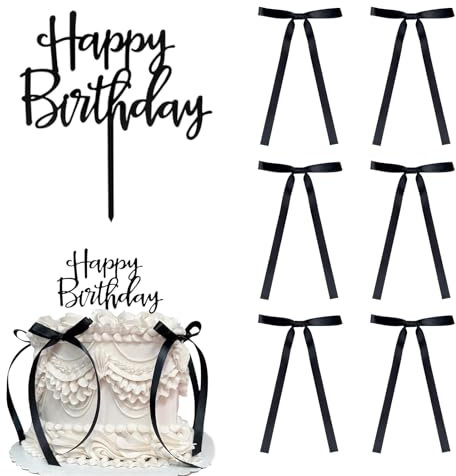 Kinretixia 6 Stück Kuchendekoration mit Schleife und Band mit Happy Birthday Schild, Coquette Motto Party, schwarzer Vintage Kuchenaufsatz für Herzkuchen, Vintage Kuchen
