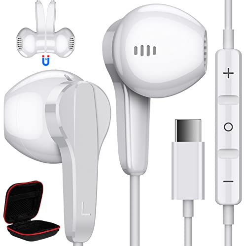 USB C Kopfhörer für Samsung Galaxy A54 A34 A53 A33 S25 S24 Ultra S20FE Pixel 9 Pro 8 7 6 iPhone 16 15 Pro Max,Magnetische USB C Headset In Ear Kopfhörer mit Mikrofon mit Kabel Ohrhörer für Xiaomi,Weiß
