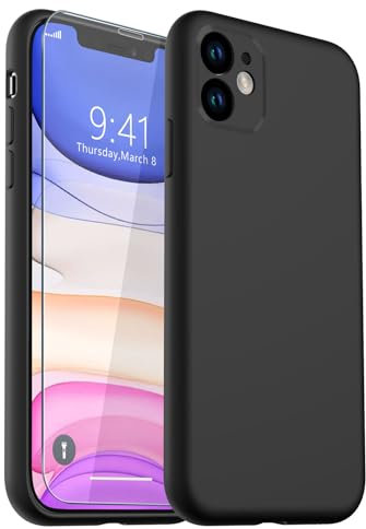 CASELIVE for iPhone 11 Case, Liquid Silicone Case with [Tempered Glass Screen Protector] Full Body Shockproof Soft Anti-Scratch Phone Case for iPhone 11 6.1 inch (Black)