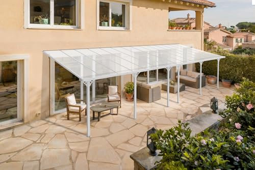 Cazeboo Carport Abri Voiture Toit Terrasse KLEO – 27 m² 9x3 m Aluminium Blanc Polycarbonate Anti-UV – Pergola adossée Robuste Anti-Rouille – Protection Pluie Neige Soleil – 870 x 300 cm