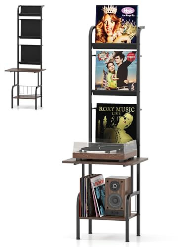 GOPLUS Support pour Tourne-disques à 5 Niveaux, Meuble Platine Vinyle 145cm pour Vinyles avec Jeux Anti-basculement, 3 Étagères en Tissu Oxford pour Disques Vinyles, 50x51x145cm