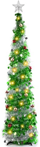 Christmas Tree, 5ft Collapsible Pop Up Christmas Trees Green Tinsel Coastal Christmas Tree with Timer 100 Lights 15 Balls for Holiday Xmas Decorations, Home Display, Office Decor