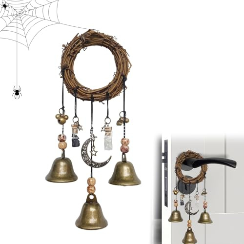 Witch Bell Hanging Decor,Witch Protection Door Hangers for Door Knob,Halloween Magical Wind Chimes Wreath,Handwoven Rattan Circle with Metal Bells,for Porch,Patio Protection & Decor (1 Pack)