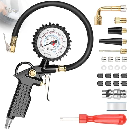 220 PSI Manómetro Neumáticos, Medidor Presión Digital Alta Precisión, Pistola Inflado con Manguera & 4 Tapones Válvula, Accesorios Compresor para Coche, Bicicleta, Camión, Motocicleta