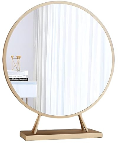 50Cm Large Round Tabletop Makeup Mirror with A-Frame Stand, 360° Rotating Desktop Mirror for Dressing Table Bedroom(Gold/50cm)