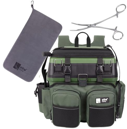 Zite Fishing [Multi Angelkoffer-Rucksack & Sitz-Kiepe in 1] Angeltasche | inklusive 4x Tackle-Angelbox für Angelzubehör im Deckel, Bundle mit Hakenlöser Zange Gebogen 18cm & Microfaser Handtuch