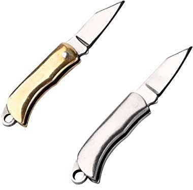 NHDT 2PCS Mini Package Opener Knife, EDC Tiny 1.1in Hang on a keychain, Ultralight 0.22oz Portable Tool(Brass Handle and Stainless Steel Handle)