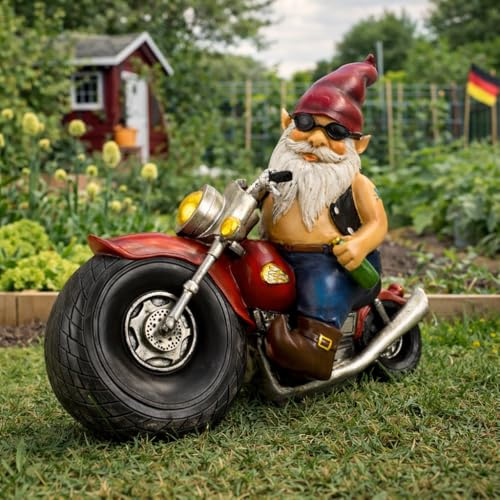 Geschenk-Himmel Gartenzwerg Motorrad 28 cm Polyresin – Zwerg auf rotem Bike Garten Terrasse Balkon Deko