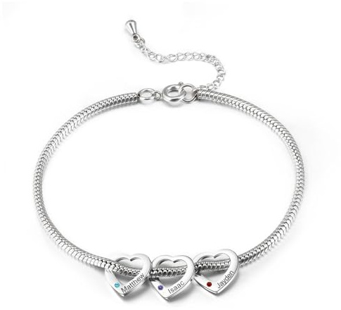 Presentimental Personalisiertes Geburtsstein Armband für Damen Herz Armband mit Namen Verstellbares Edelstahl Armband Geschenk für Mama Ehefrau Freundin Tochter (Silber-3 name)