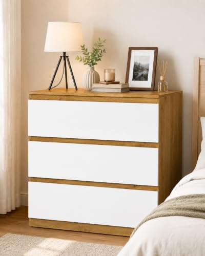 Amveya Kommode mit 3 Schubladen Moderner Komodenschrank Schubladenschrank Sideboard für Schlafzimmer Wohnzimmer Flur Grifflos Holzoptik Weiß Hochglanz/Eiche 70x40x75 cm