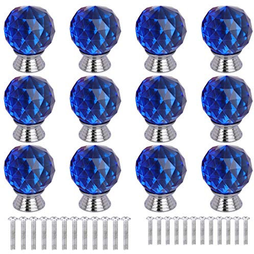 ANJUU 12 Pcs 30mm Round Shape Crystal Glass Cabinet Knobs with Screws Drawer Knob Pull Handle Used for Kitchen, Dresser, Door, Cupboard(Blue)