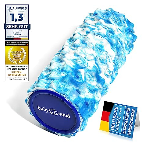 Body & Mind® Faszienrolle Massage-Rolle Fitnessrolle Sportrolle Therapierolle; Faszien-Training am Oberkörper, Nacken, Rücken, Beine, Waden & allen anderen Muskelgruppen; 33 x 14,5 cm; Blau-Weiß