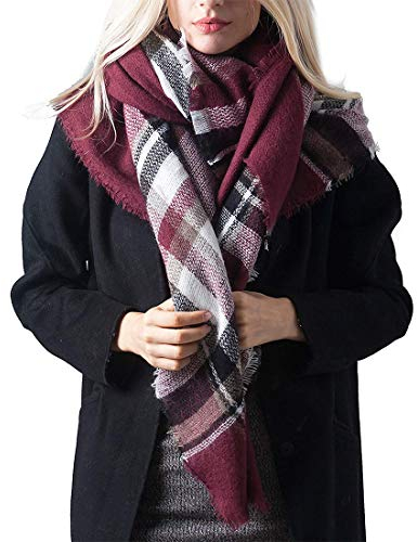 Damen Schal - Kariert übergroßer XXL Winterschal Deckenschal Weich Warm Herbstschal Kariert Karo Tartan Streifen Fransen Poncho, Plaid Schwarz Grau Rot B, M