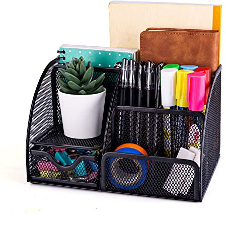 MDHAND Schreibtisch Organizer und Zubehör aus Netzstoff mit 6 Fächern und Schublade, Mesh Metall Stiftehalter Schreibtisch mit Schublade,Ideales Büro- oder Schulmaterial, Schwarz