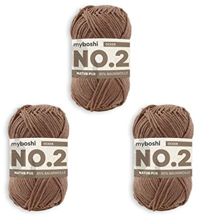 myboshi No.2 Baumwolle zum Häkeln, Baby Wolle, vegane Wolle zum Stricken, Wolle 60 Grad waschbar, für Baby und Amigurumi, 50g, Ll 100m Braun (Ocker) 3 Knäuel
