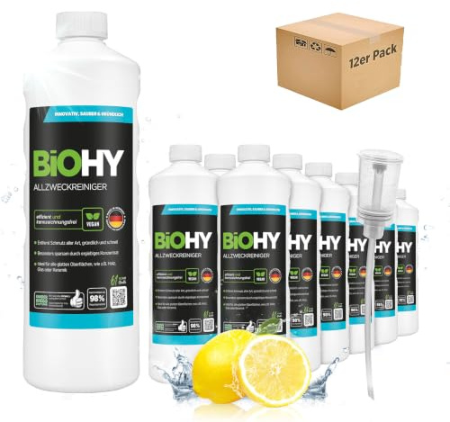 BiOHY Allzweckreiniger (12 x 1L) + Dosierer | Bodenreiniger Konzentrat für Parkett, Fliesen & Hartböden | Reiniger für Wischroboter, Saugwischer & Saugroboter | Schaumarmes ergiebiges Reinigungsmittel