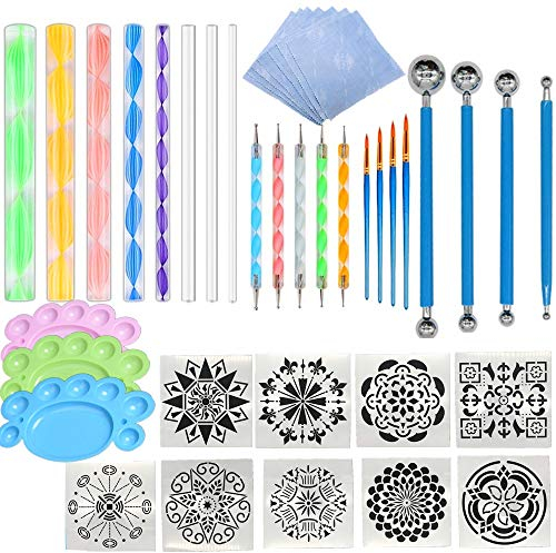 Fycooler Mandala Punktierwerkzeug-Set,41 Stück Punktierwerkzeug Mandala Schablonen-Malwerkzeug-Kits, Pinsel,Farbwanne zum Malen von Steinen/Steinen Färben Zeichnen DIY Zeichnen Kunsthandwerk Zubehör