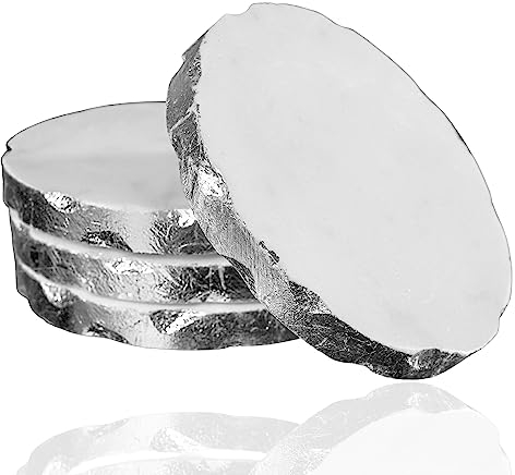 NIKITA White Marble Coaster Set of 4 - Rose Gold, Silver or Gold Coasters with Metallic Leaf Edge - Neutral Round Drink Coasters - Marble Coaster Japan Deco for Living Room or Kitchen (Silver)