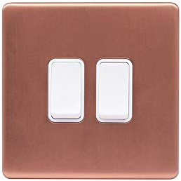 Lieber Brushed Copper 10A 2 Gang 2 Way Light Switch - White Insert Screwless