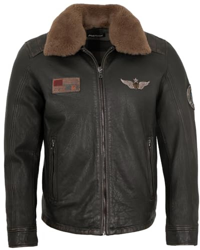 MADDOX - Herren Echtleder Lederjacke Fliegerjacke Lammnappa Lammfellkragen schwarz antik