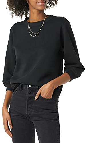 Amazon Essentials Felpa girocollo da donna con dettagli in pile e maniche in spugna francese, nera, XL