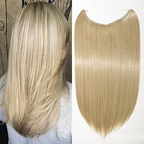 SEGO Haarteil Haar Extensions Haarverlängerung ein Tresse mit Unsichtbarer Draht Haarverdichtung Glatt Aschblond Mix Bleichblond 50 cm