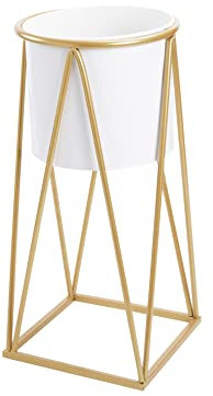 green leaves Metal Planter Stand with Plant Pot Flower Pot for Indoor Balcony Flower Rack (White, Large)