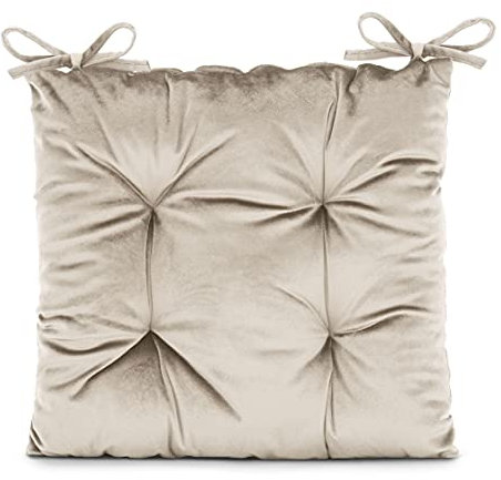AmeliaHome Stuhlkissen mit Bändern 40x40 cm Sitzkissen Samt Velvet Optik Aleksa Creme