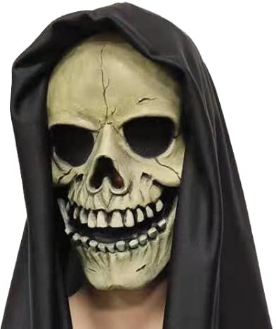 Masque squelette blanc avec capuche noire, latex, Jour des morts, Dia de Los Muertos, Bond