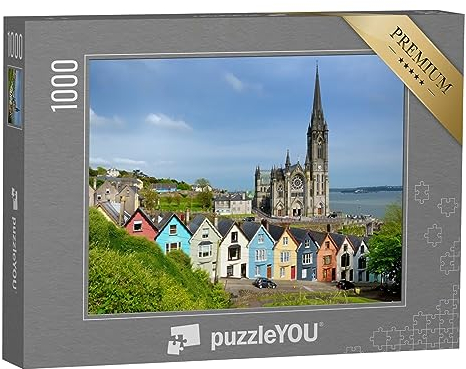 puzzleYOU: Puzzle 1000 Teile „Bunte Reihenhäuser vor der Kathedrale von Cobh, County Cork, Irland“ – aus der Puzzle-Kollektion Irland