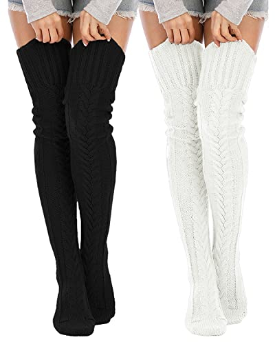 Leoparts Damen Zopfstrick Oberschenkelhohe Stiefelsocken Extra Lange Winterstrümpfe Overknee Beinwärmer, 2er-Pack A: Schwarz + Weiß, Einheitsgröße