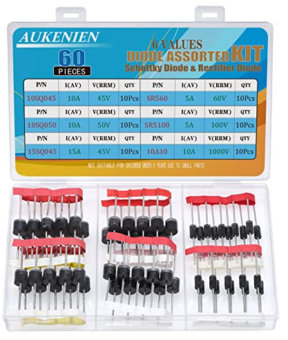 AUKENIEN 6 Werte 60 Stück Schottky Gleichrichter Dioden Sortiment Kit 10SQ045 10SQ050 15SQ045 10A10 SR5100 SR560 Diode 5A 10A 15A 45V 50V 60V 100V 1000V Axial Diodes Sperrdioden Set