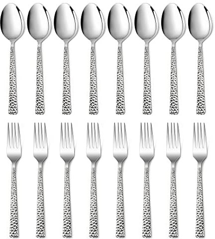 16-Piece Hammered Forks and Spoons Silverware Set, E-far Stainless Steel Square 8 Dinner Forks and 8 Dinner Spoons, Modern Metal Flatware Cutlery for Kitchen and Restaurant, Dishwasher Safe-7.9 Inch