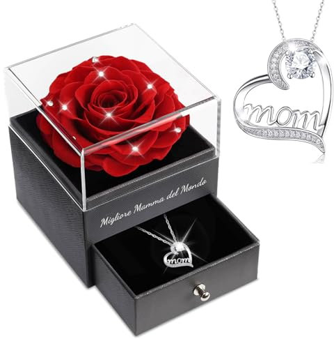 Sunia Rosa Stabilizzata Regalo Mamma Compleanno, Vera Rosa Eterna con Collana Argento 925 Donna, Migliore Mamma del Mondo, Regalo Donna Nonna Compleanno Natale San Valentino Anniversario