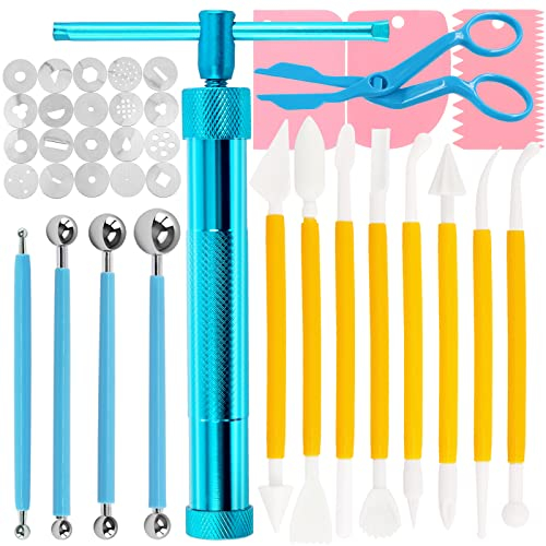 Swpeet 36 pistolas extrusoras de arcilla azul para fondant, pasta de azúcar, pistola de escultura de tartas, herramienta de punteado con espátula de plástico, suministros de decoración de pasteles,