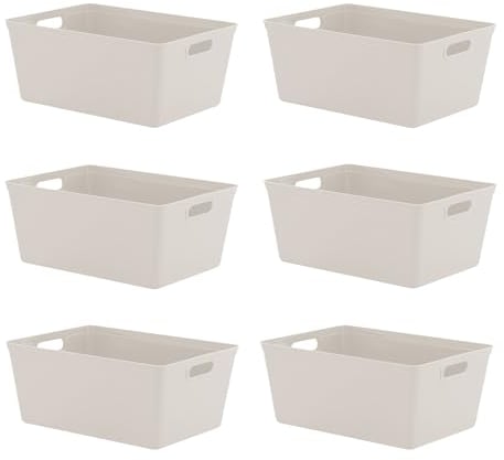 simpa 11L 11 Litre Plastic Storage Basket Studio Organiser Trays with Handles - Taupe, Set of 6 Trays - 15.5cm (H) x 35cm (L) x 25cm (W)