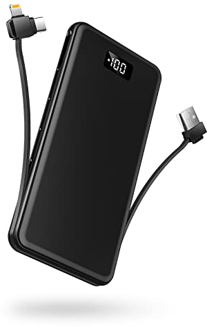 10000mAh Portable Charger with Built in Cable,USB C 22.5W PD3.0 QC4.0 Fast Charge Power Bank, LED Display Battery Pack Compatible with iPhone 13 12 11 Pro X 8 Samsung S20 S10 LG iPad Tablet