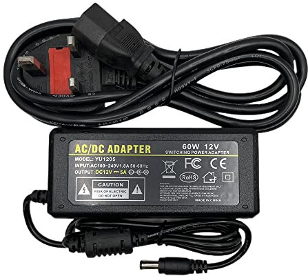 Multibao AC DC 12V 5A 60W Power Supply Adapter Charger Transformer with DC 5.5x2.1mm / 5.5x2.5mm Plug For LED CCTV 3 Pin UK Plug