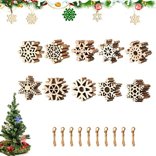 50 Stücke Holzdeko Weihnachten Anhänger, Schneeflocke Holz, Weihnachten Holz Schneeflocke mit 50 pcs Hanfseil, Holz Ausschnitte Weihnachtsbaum, Schneeflocke Anhänger Holz für Weihnacht, Party