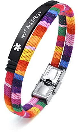 XUANPAI Personalized Medical Alert Bracelets for Women Men, NUT ALLERGY, Handmade Braided Custom Engraved Emergency ID Bracelet Wristband 20.5CM, Black