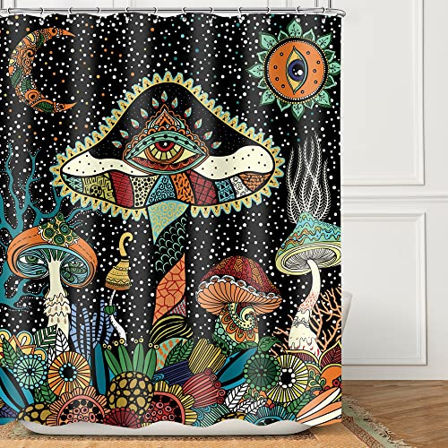 Omifly Mushroom Trippy Duschvorhang, abstrakt, geheimnisvoll, Gothic, Sonne, 152 x 183 cm, ästhetischer Mond, Sternenauge, bunt, psychedelisch, Gothic, mit 12 Kunststoffhaken, Stoff, wasserdicht