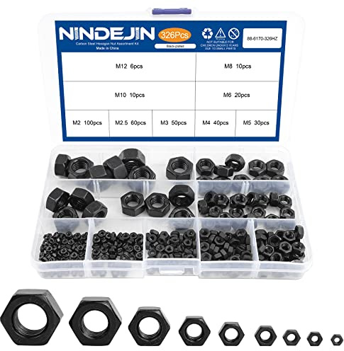 NINDEJIN 326 pcs M2-M12 (9 Sizes) Metric Black Hex Nuts Kit for Screw Bolt