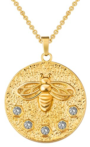 KRKC&CO Damen Bienen Medaillon Anhänger Münzkette, Münze Anhänger Kette, 18K vergoldet Goldkette 1,4mm verstellerbare Länge 41/46cm, Römischer Kettenanhänger Glücksbringer, Geschenk Frauen Mädchen